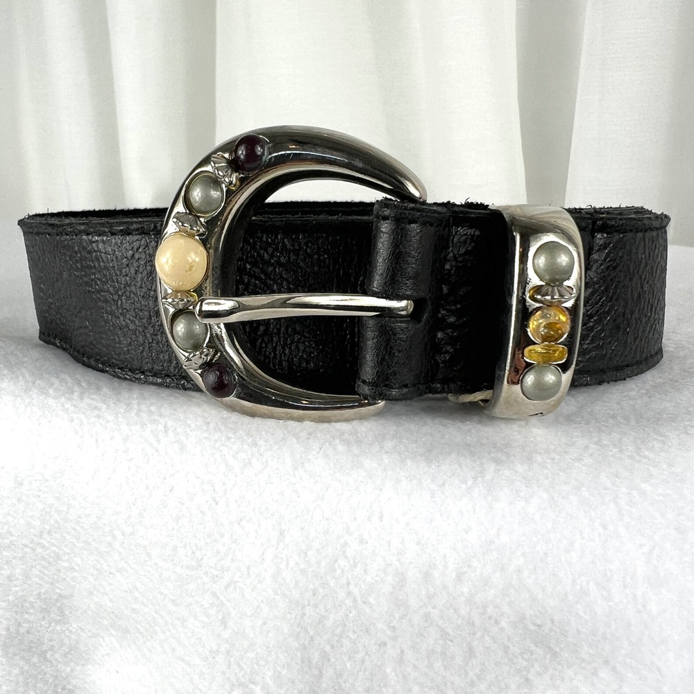 Womens Black Leather Belt size Small Gemstone Buckle Made in USA Rodeo *Read
